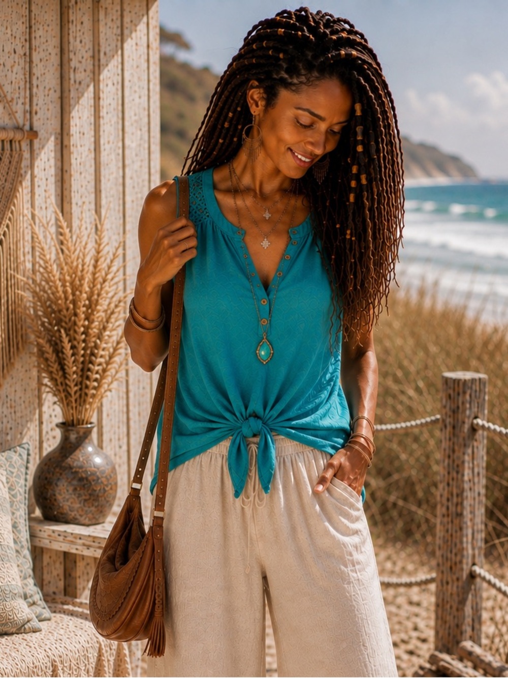 French Laundry XL Teal Tie Front Tank Top Lace Yoke Sleeveless NWT